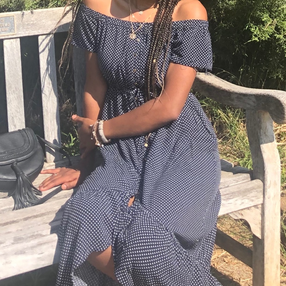 Cotton On Off Shoulder  Navy Polka Dot Dress